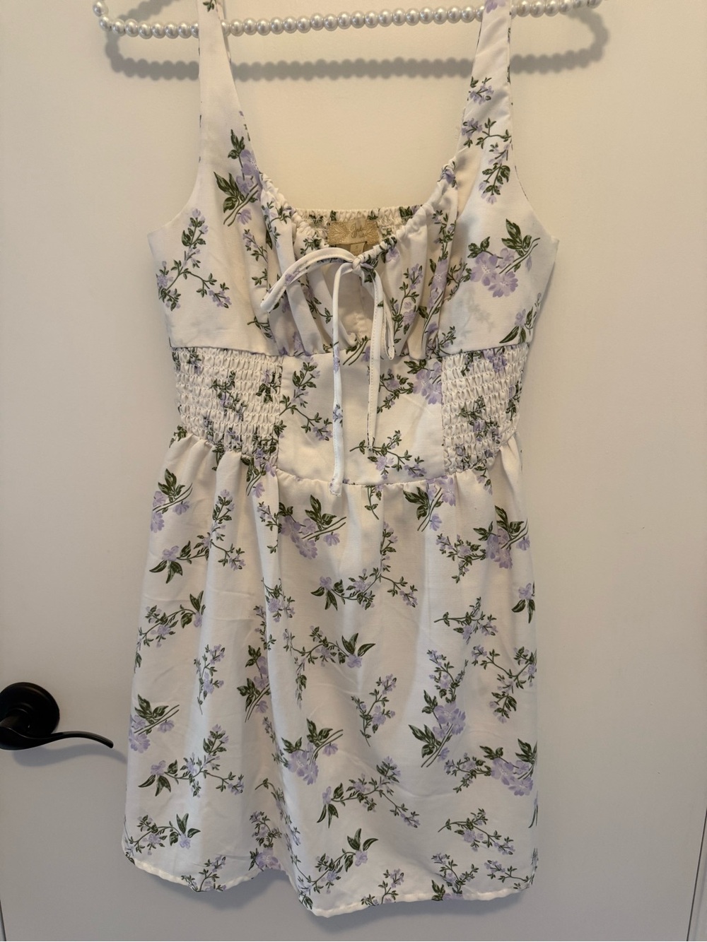 Floral Tie-Front Sundress - White with Lavender Floral - Size Small